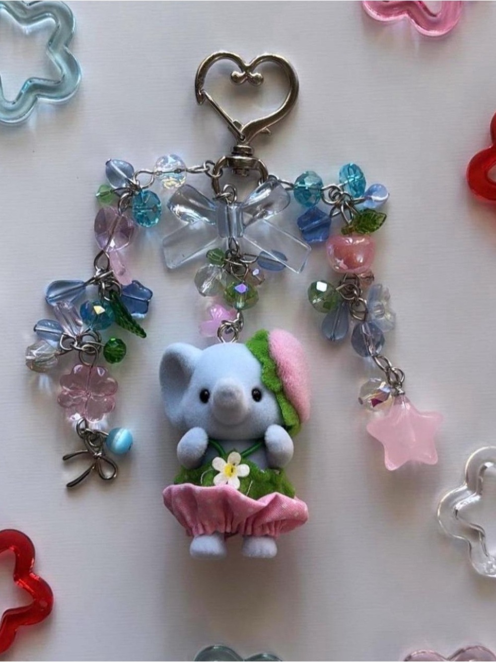 Pastel Blue Elephant Charm Keychain with Pink & Green Accents